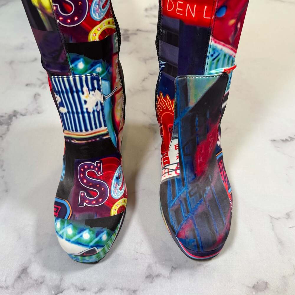 Dolls Kill Current Mood Midnight City Print Thigh High Platform Boots 8 - Picture 8 of 10